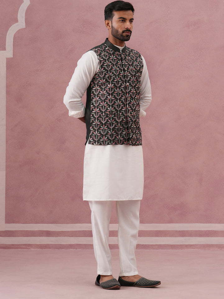 Festive Embroidered Nehru Jacket With Classic Kurta Pyjama