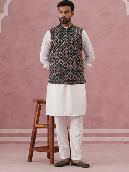 Festive Embroidered Nehru Jacket With Classic Kurta Pyjama