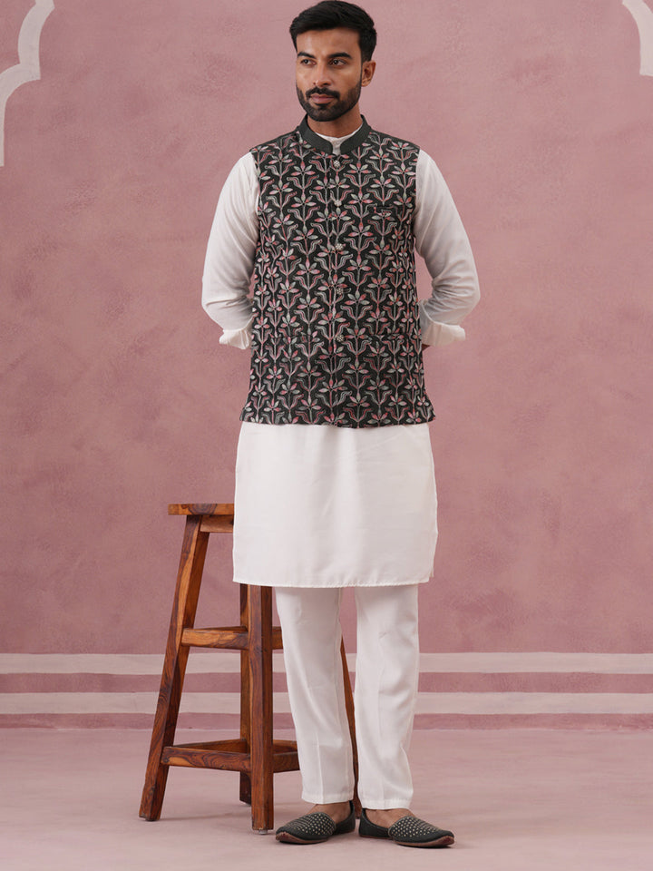 Festive Embroidered Nehru Jacket With Classic Kurta Pyjama
