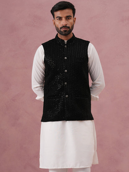 Luxury Velvet Nehru Jacket Paired With Solid Kurta Pyjama