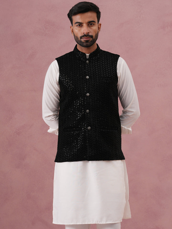 Luxury Velvet Nehru Jacket Paired With Solid Kurta Pyjama