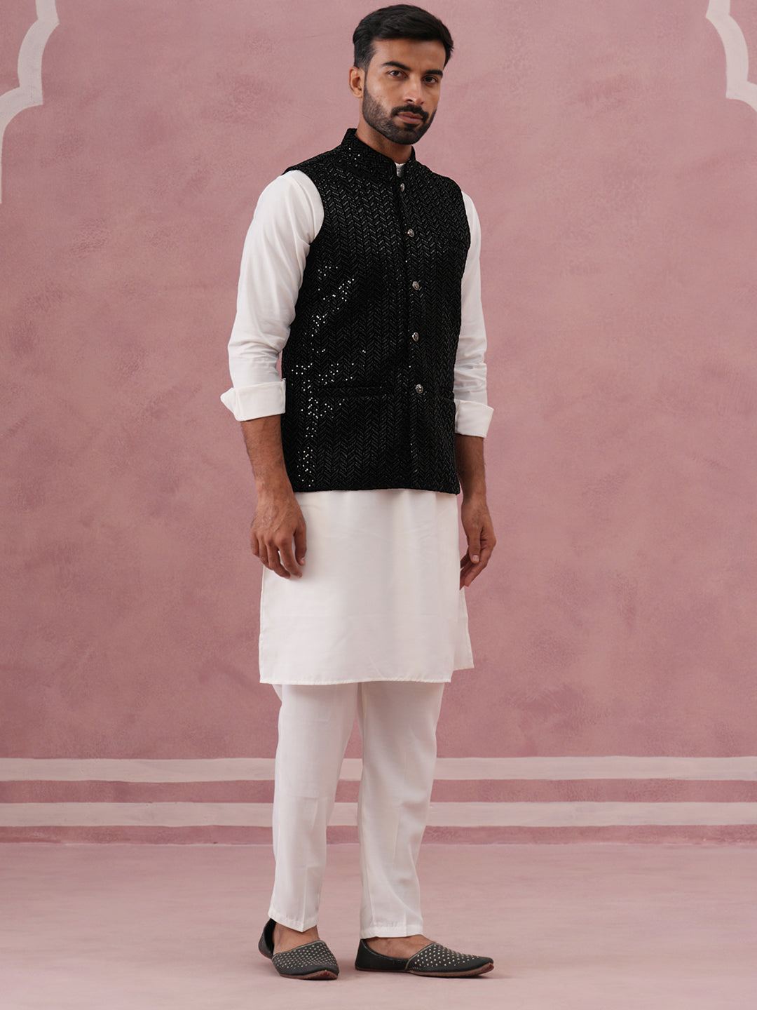 Luxury Velvet Nehru Jacket Paired With Solid Kurta Pyjama