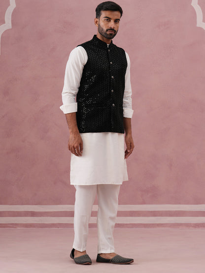 Luxury Velvet Nehru Jacket Paired With Solid Kurta Pyjama