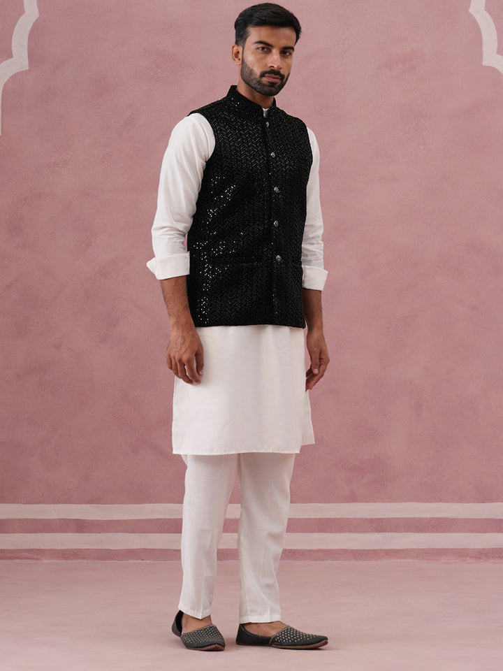 Luxury Velvet Nehru Jacket Paired With Solid Kurta Pyjama