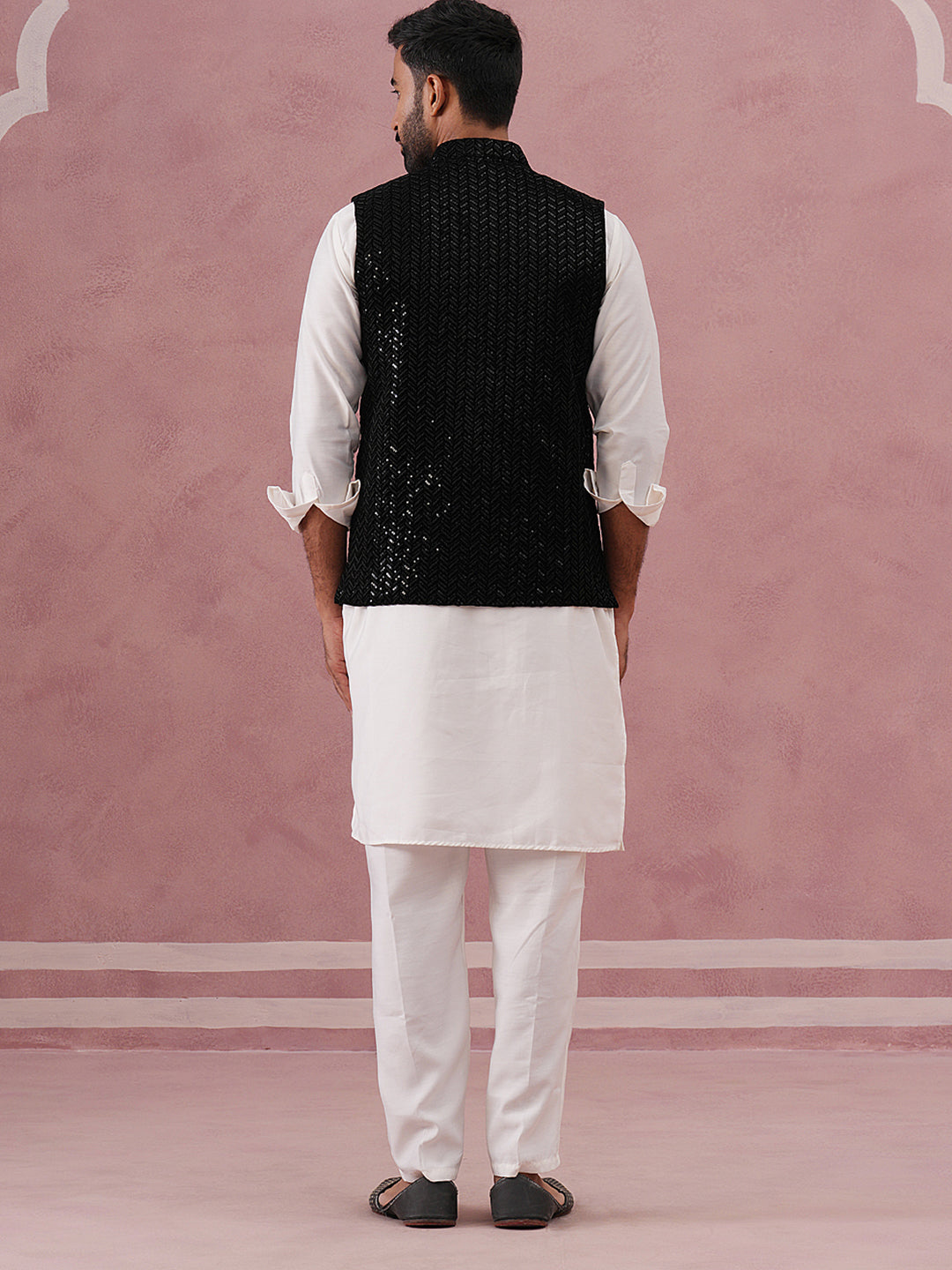 Luxury Velvet Nehru Jacket Paired With Solid Kurta Pyjama