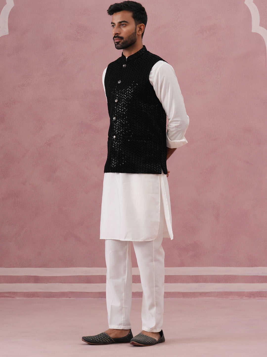 Luxury Velvet Nehru Jacket Paired With Solid Kurta Pyjama