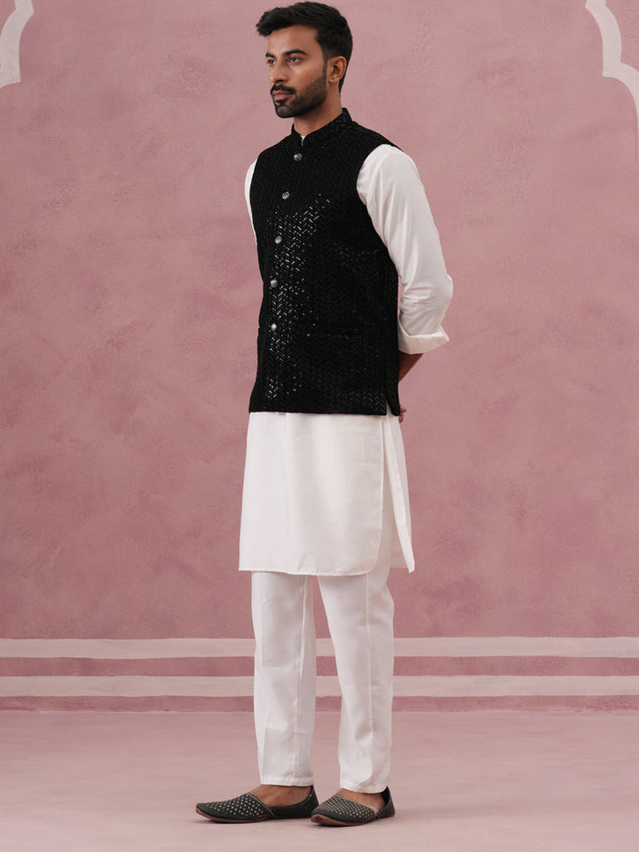 Luxury Velvet Nehru Jacket Paired With Solid Kurta Pyjama
