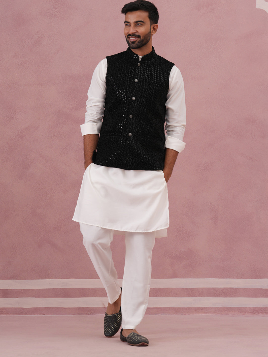 Luxury Velvet Nehru Jacket Paired With Solid Kurta Pyjama