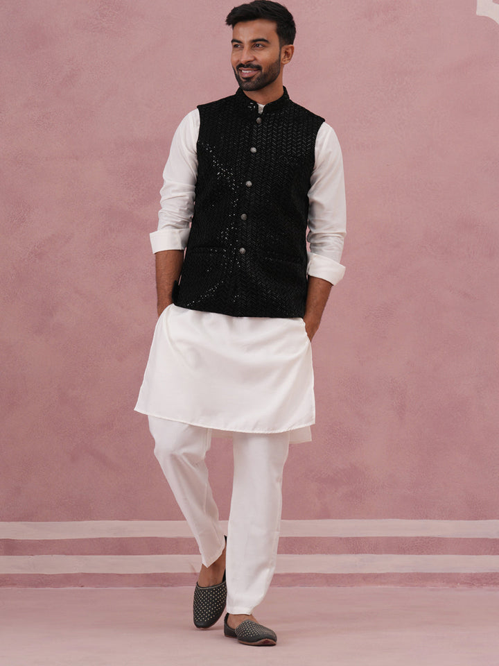 Luxury Velvet Nehru Jacket Paired With Solid Kurta Pyjama