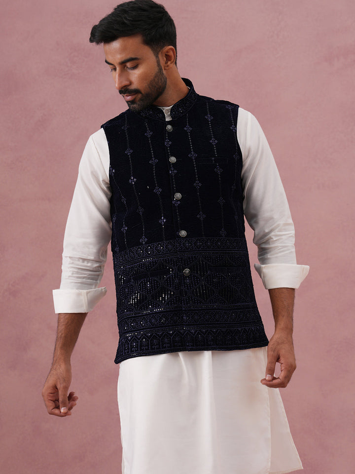 Designer Embroidered Velvet Nehru Jacket With Kurta Pyjama