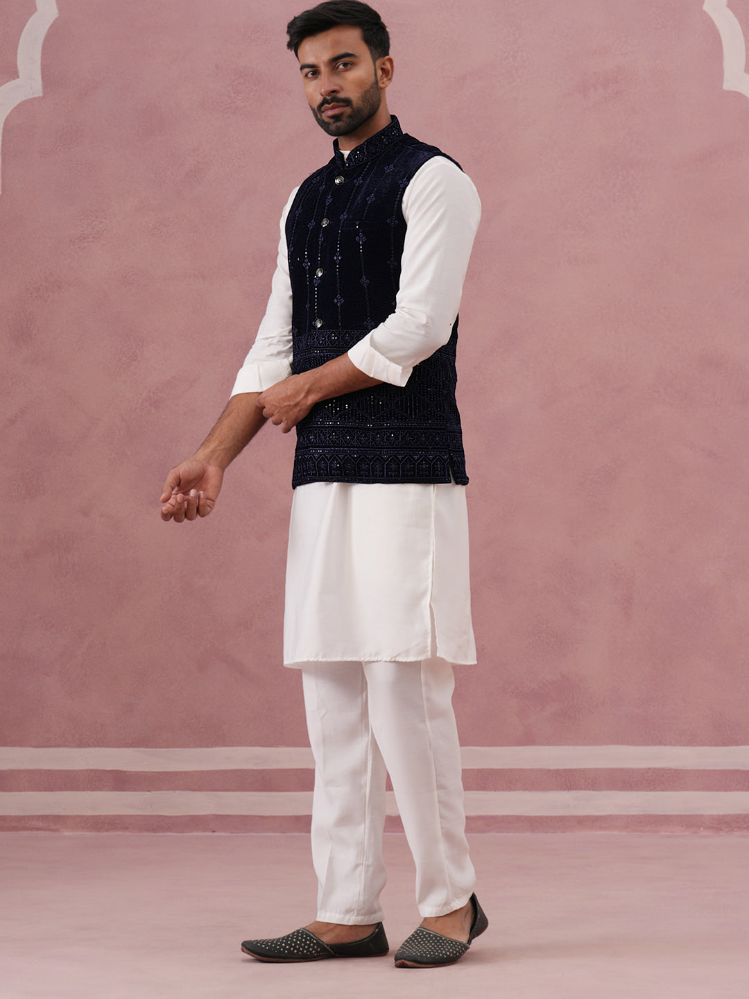 Designer Embroidered Velvet Nehru Jacket With Kurta Pyjama