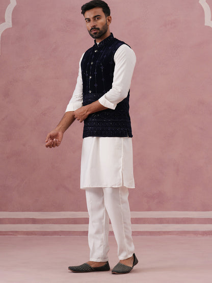 Designer Embroidered Velvet Nehru Jacket With Kurta Pyjama