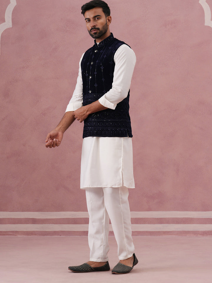 Designer Embroidered Velvet Nehru Jacket With Kurta Pyjama