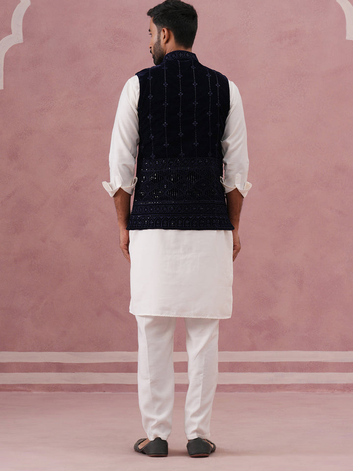 Designer Embroidered Velvet Nehru Jacket With Kurta Pyjama
