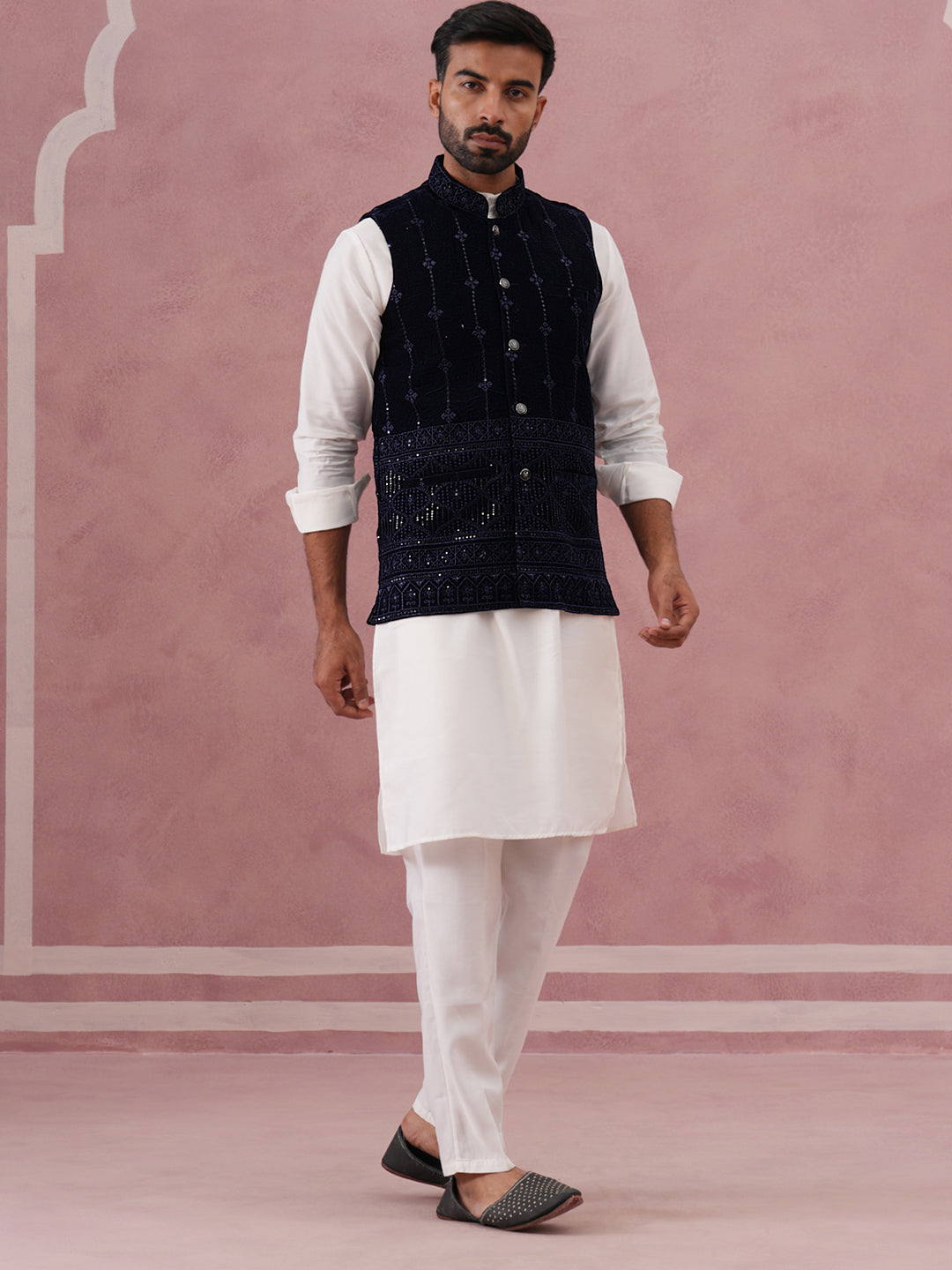 Designer Embroidered Velvet Nehru Jacket With Kurta Pyjama