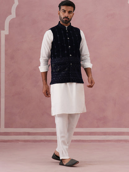 Designer Embroidered Velvet Nehru Jacket With Kurta Pyjama