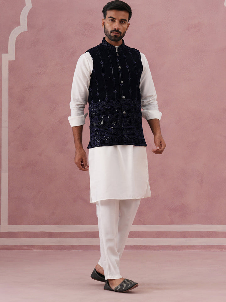 Designer Embroidered Velvet Nehru Jacket With Kurta Pyjama