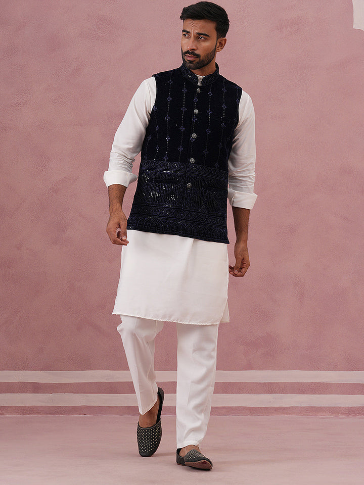 Designer Embroidered Velvet Nehru Jacket With Kurta Pyjama