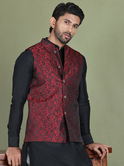 Woven Design Nehru Jacket With Solid Kurta Pyjama.