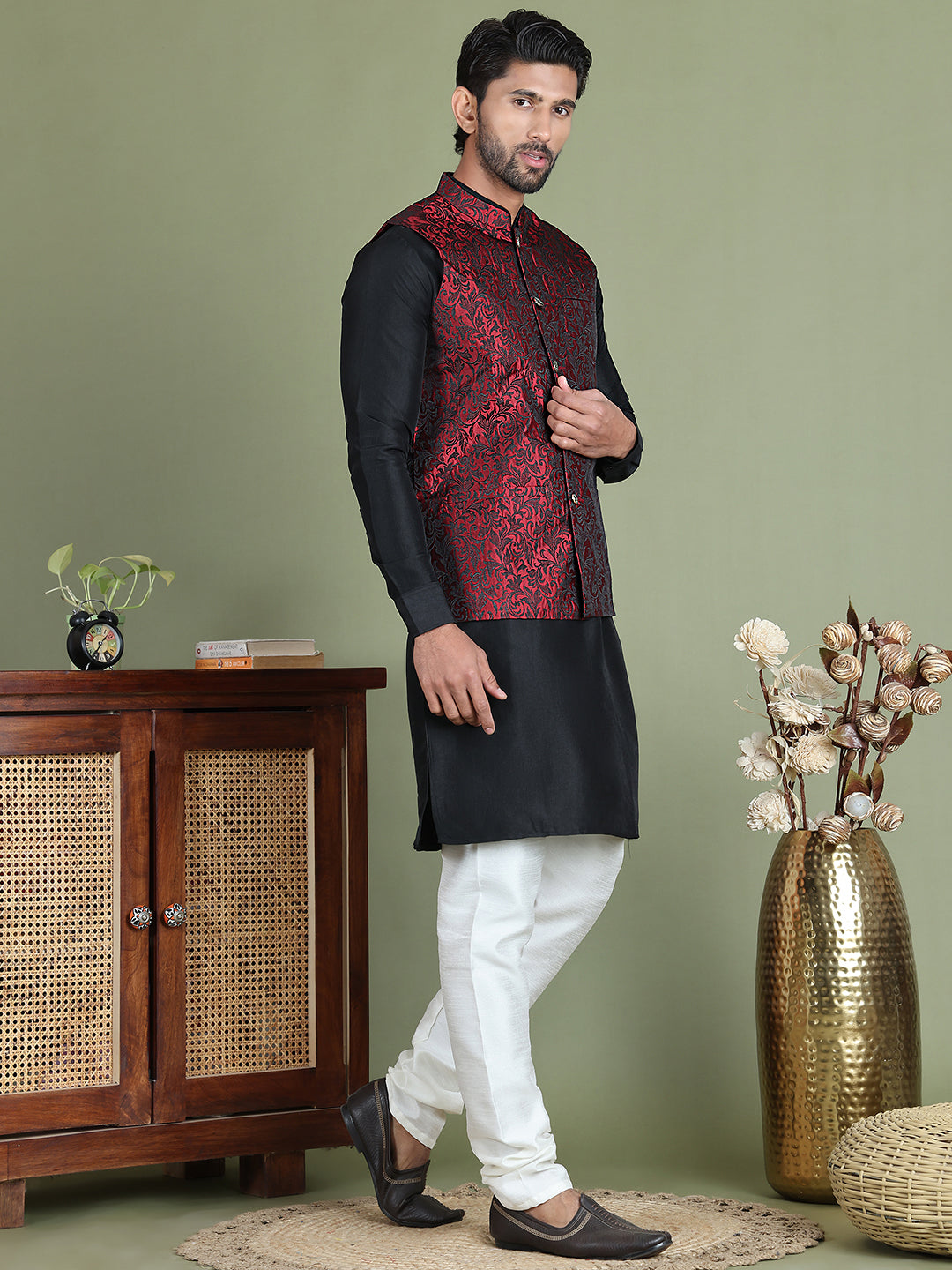 Woven Design Nehru Jacket With Solid Kurta Pyjama.