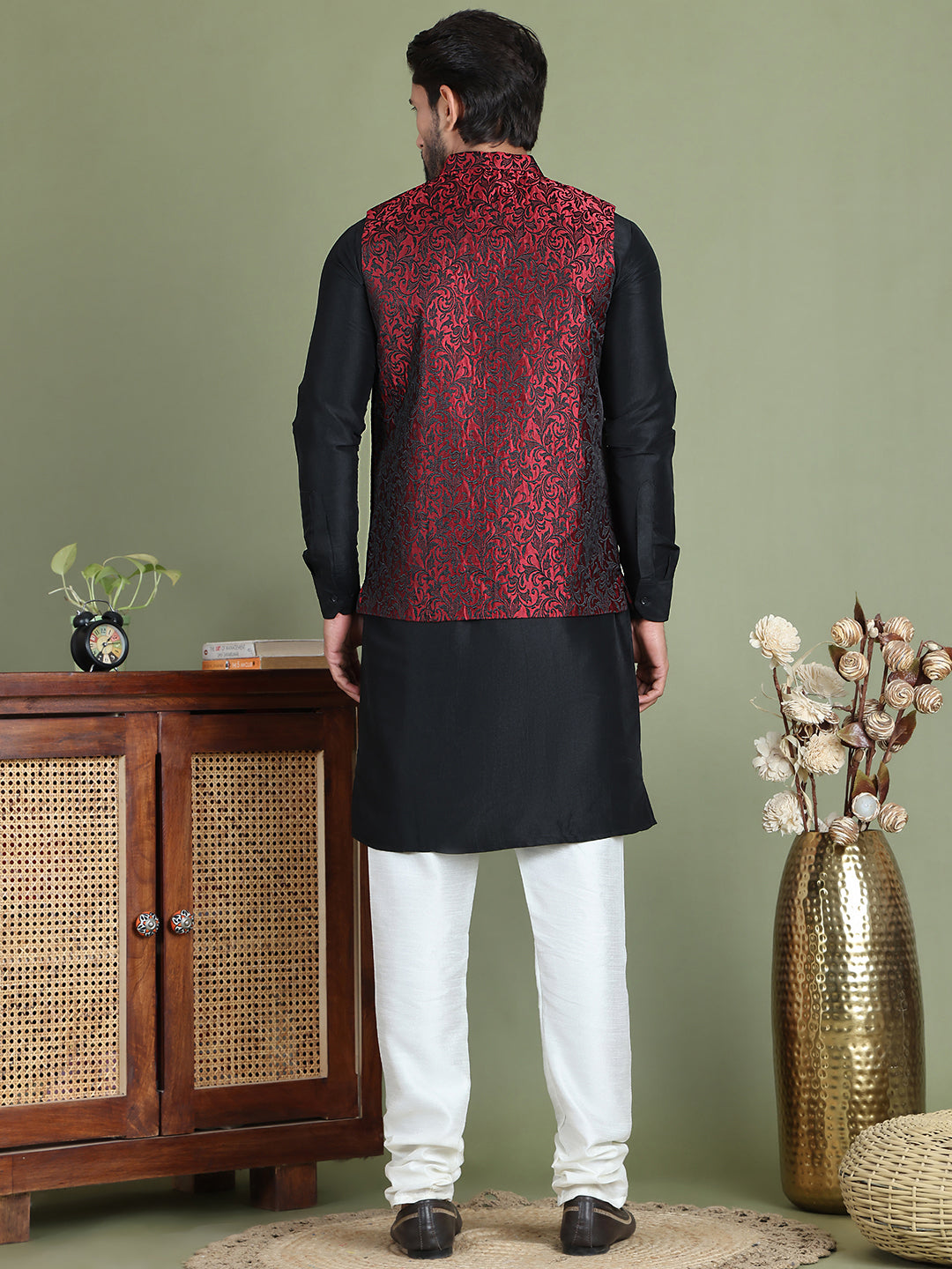 Woven Design Nehru Jacket With Solid Kurta Pyjama.