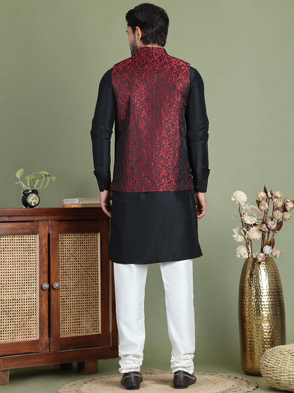 Woven Design Nehru Jacket With Solid Kurta Pyjama.