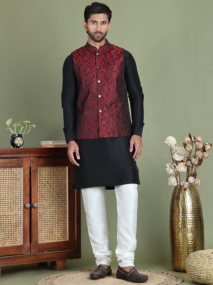 Woven Design Nehru Jacket With Solid Kurta Pyjama.