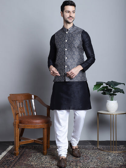 Men'S Printed Nehru Jacket With Kurta Pyjama Set