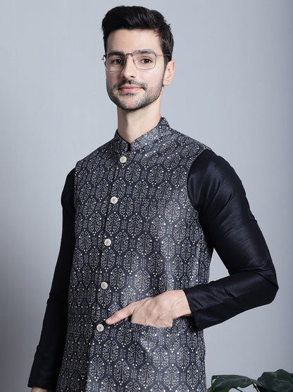 Men'S Printed Nehru Jacket With Kurta Pyjama Set