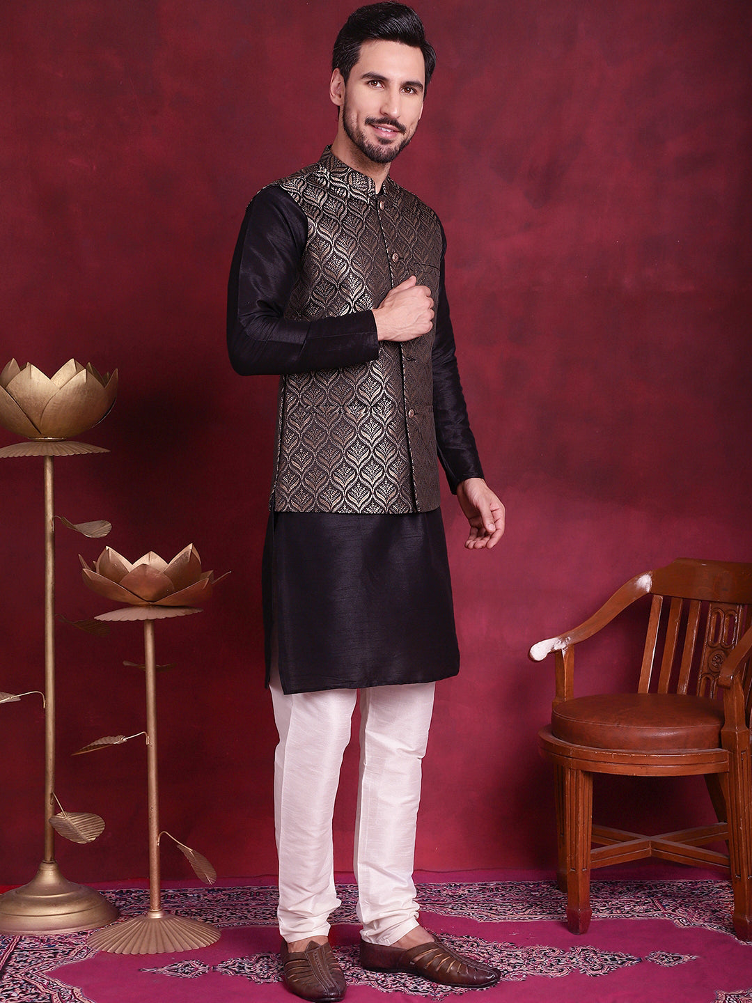 Woven Design Nehru Jacket With Kurta Pyjama Set