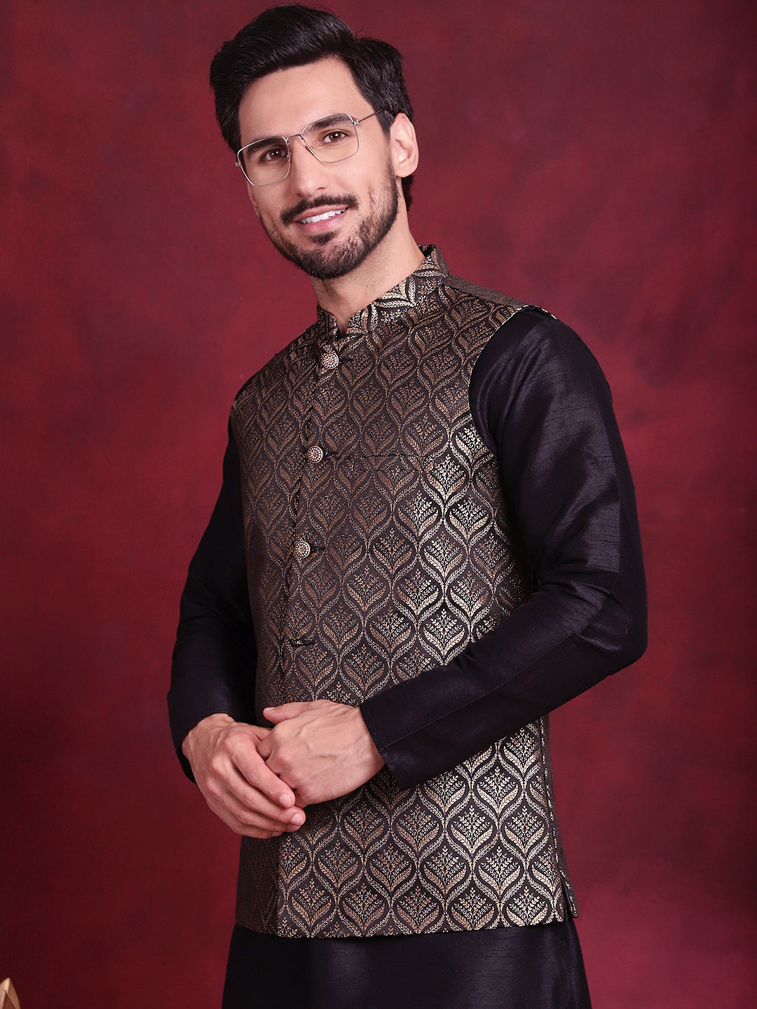 Woven Design Nehru Jacket With Kurta Pyjama Set