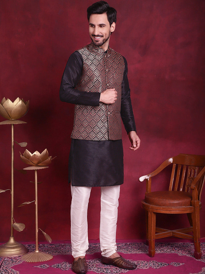 Woven Design Nehru Jacket With Kurta Pyjama Set