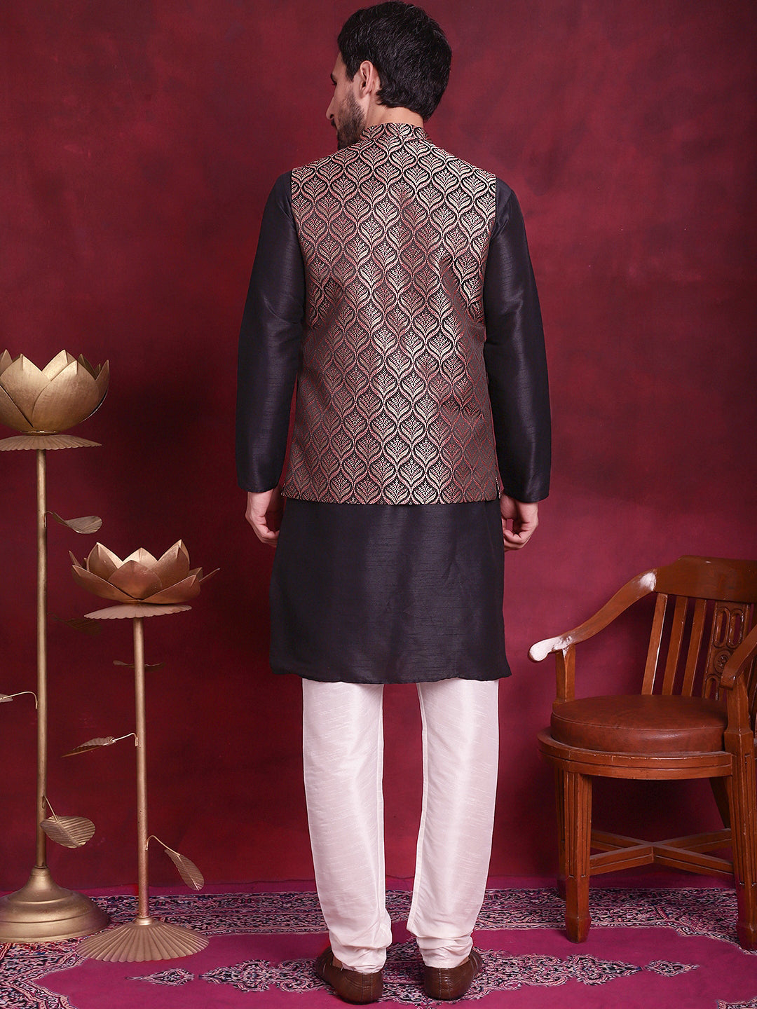 Woven Design Nehru Jacket With Kurta Pyjama Set