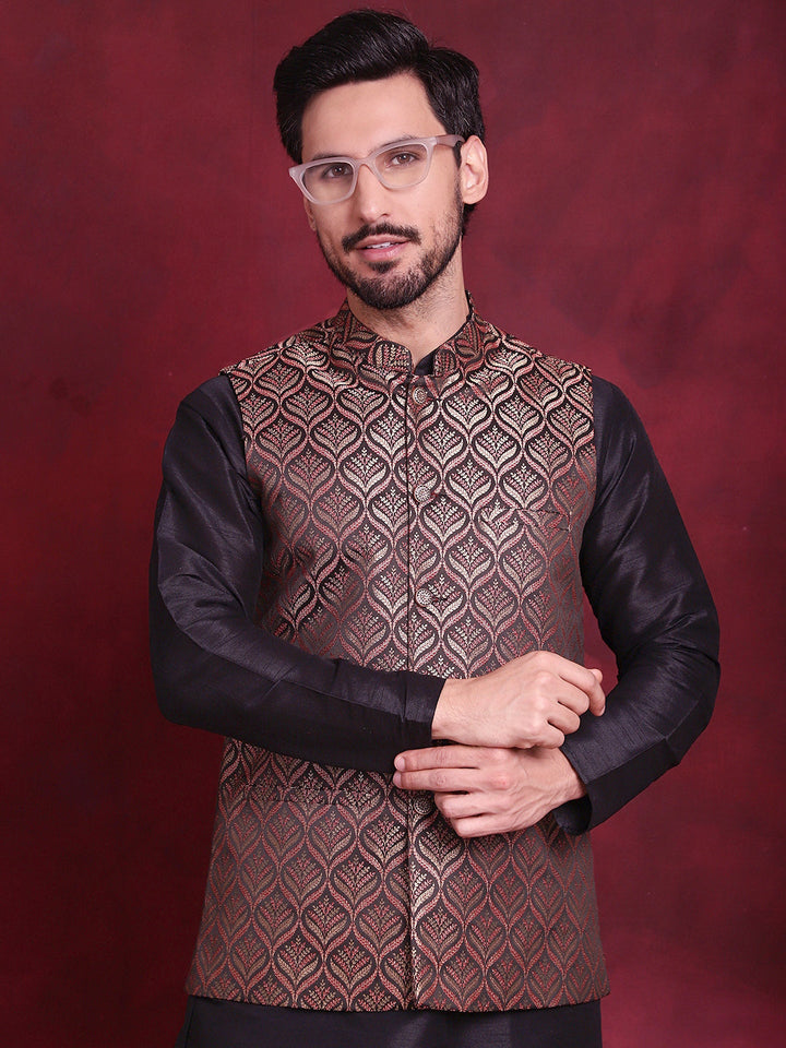 Woven Design Nehru Jacket With Kurta Pyjama Set