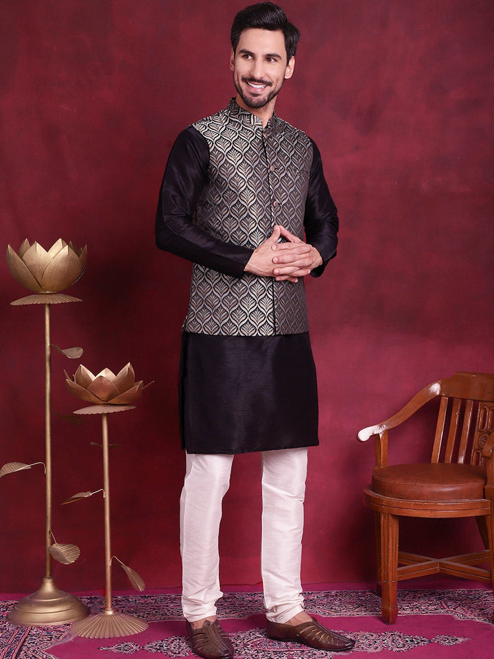 Woven Design Nehru Jacket With Kurta Pyjama Set