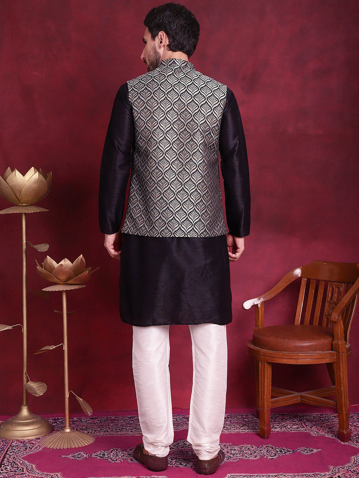 Woven Design Nehru Jacket With Kurta Pyjama Set