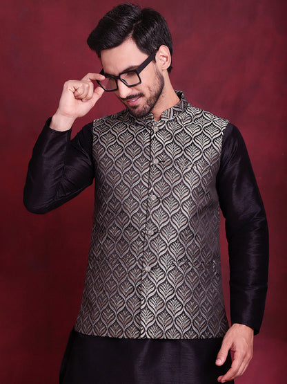 Woven Design Nehru Jacket With Kurta Pyjama Set