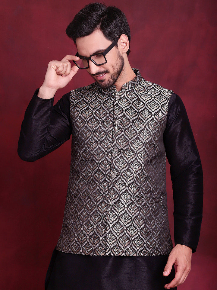 Woven Design Nehru Jacket With Kurta Pyjama Set