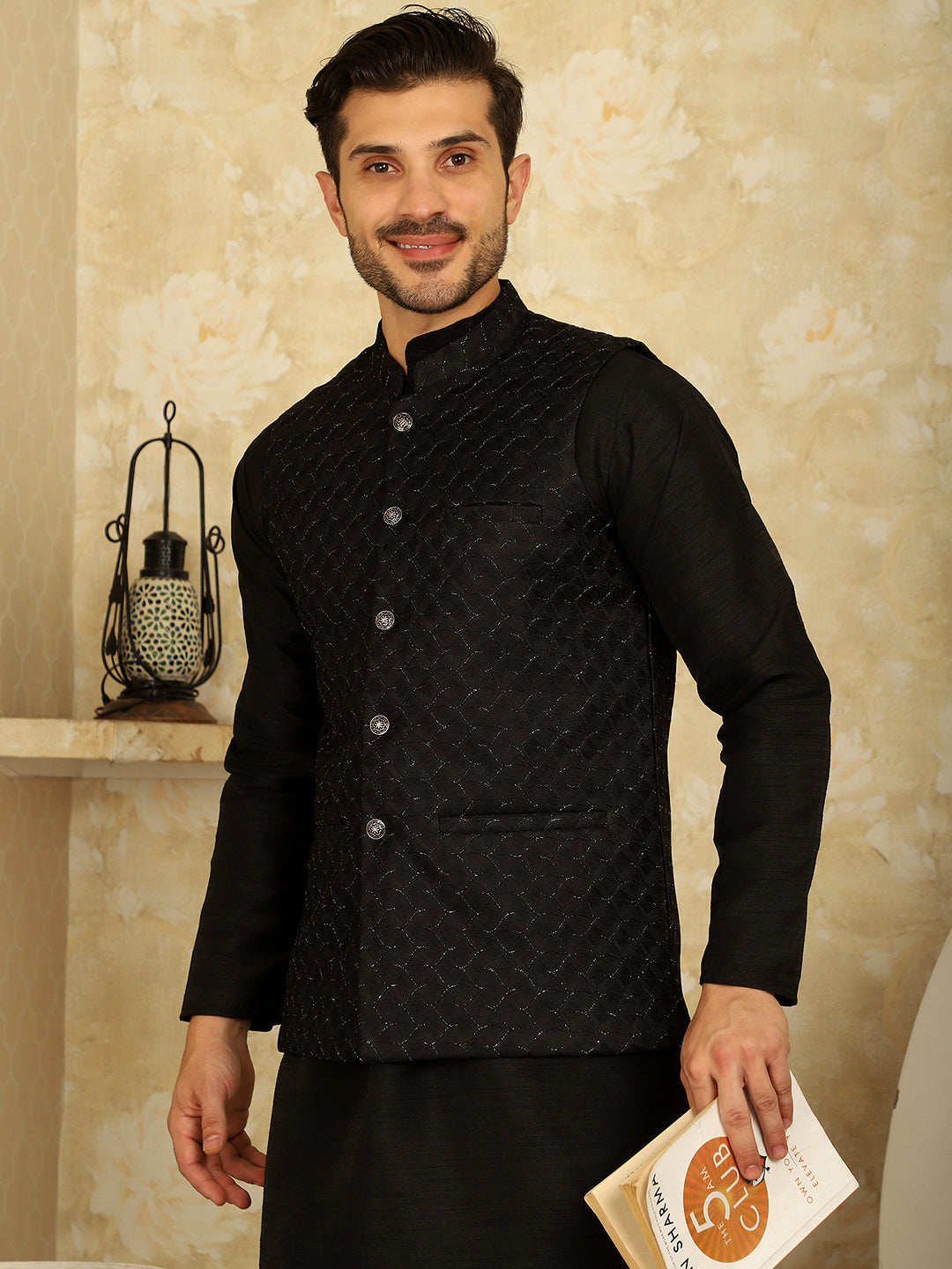 Black Woven Design Nehru Jacket With Kurta Pyjama Set