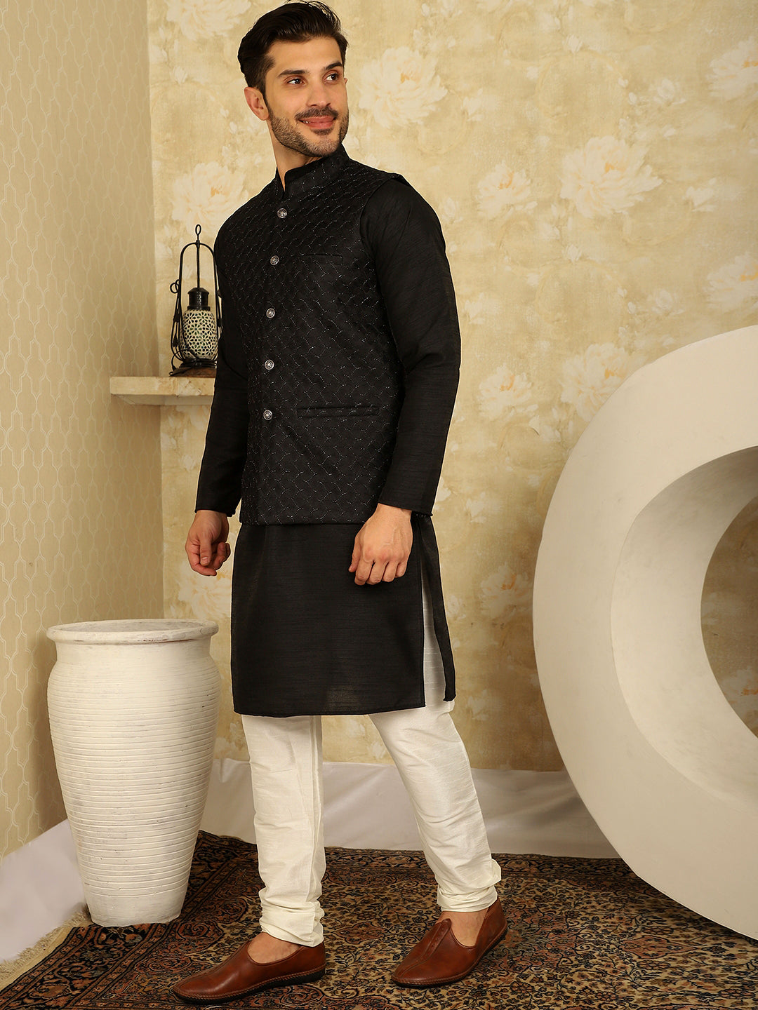 Black Woven Design Nehru Jacket With Kurta Pyjama Set