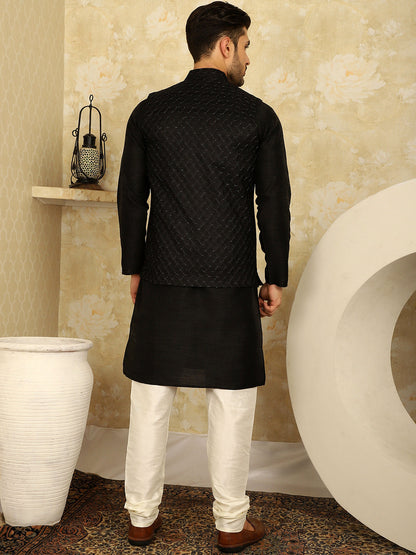 Black Woven Design Nehru Jacket With Kurta Pyjama Set