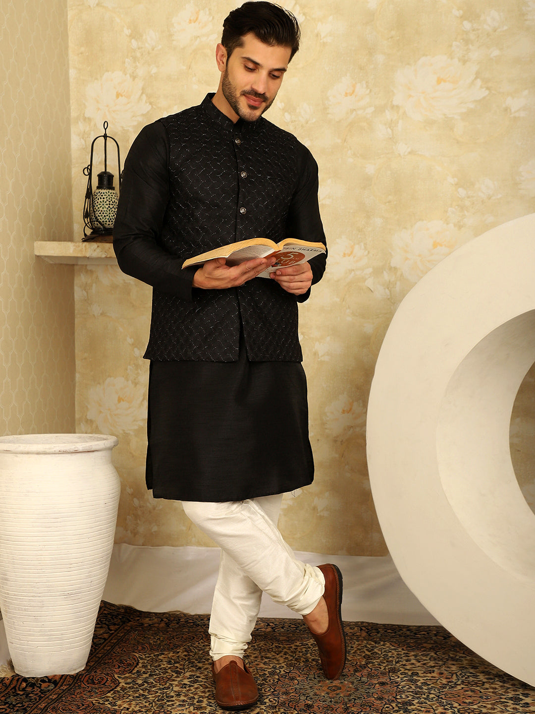 Black Woven Design Nehru Jacket With Kurta Pyjama Set