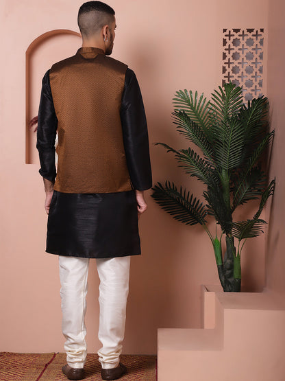 Men'S Golden Woven Design Nehru Jacket With Solid Kurta Pyjama.