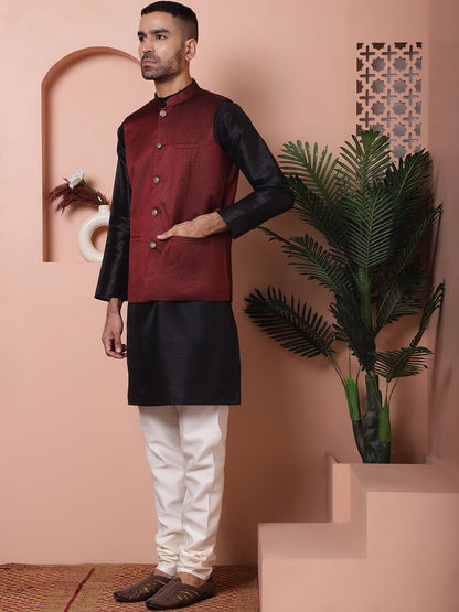 Men'S Maroon Woven Design Nehru Jacket With Solid Kurta Pyjama.