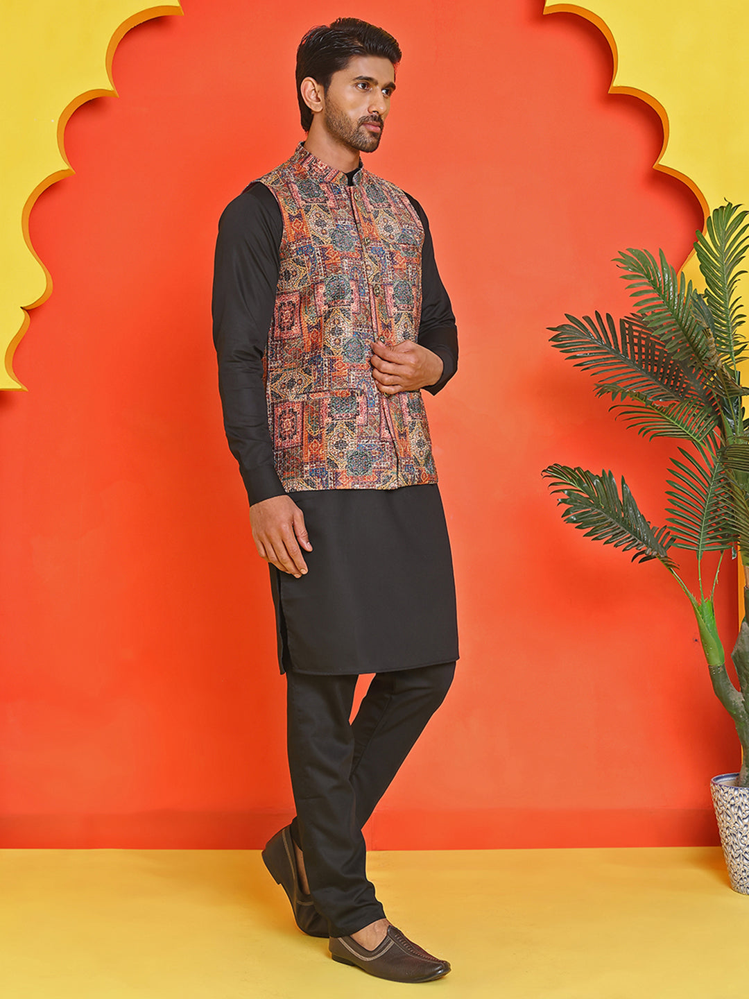 Sequins & Printed Nehru Jacket With Solid Kurta Pyjama Set