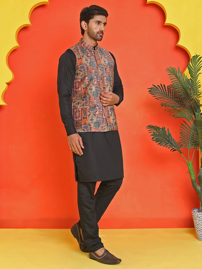 Sequins & Printed Nehru Jacket With Solid Kurta Pyjama Set