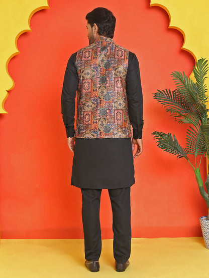 Sequins & Printed Nehru Jacket With Solid Kurta Pyjama Set
