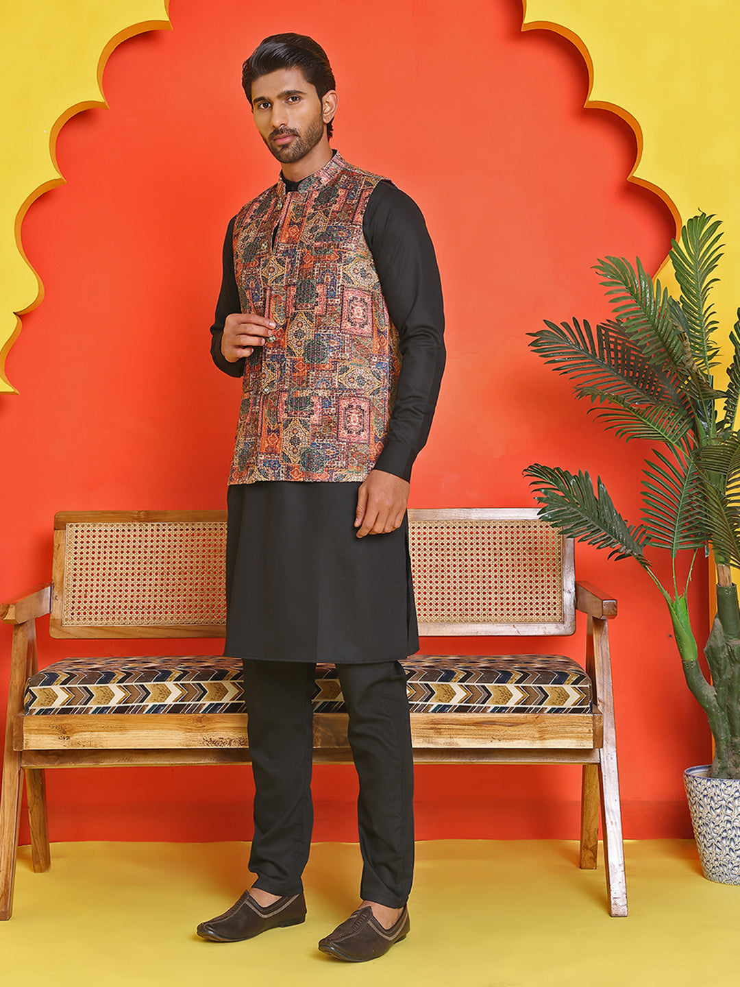 Sequins & Printed Nehru Jacket With Solid Kurta Pyjama Set