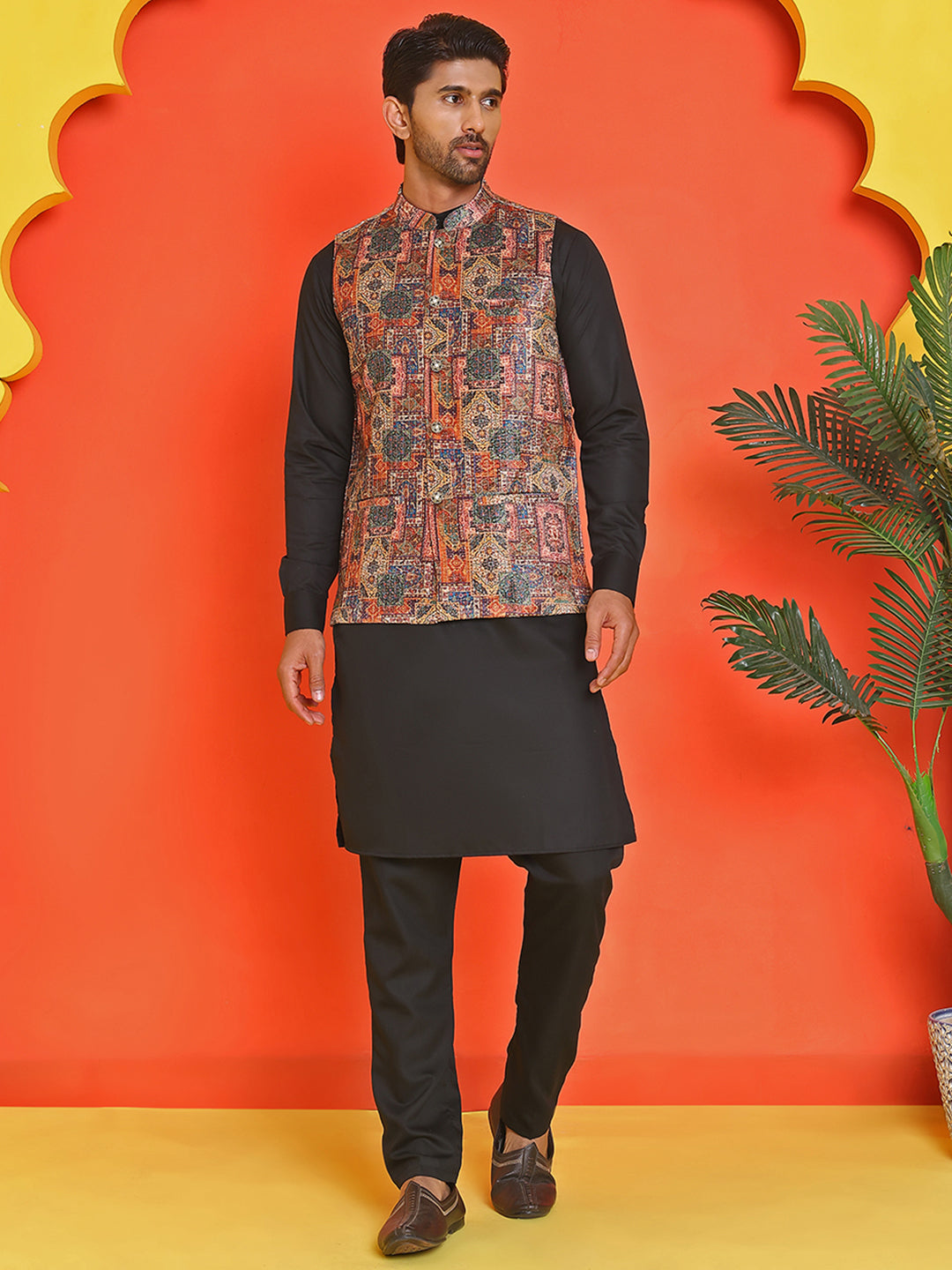 Sequins & Printed Nehru Jacket With Solid Kurta Pyjama Set