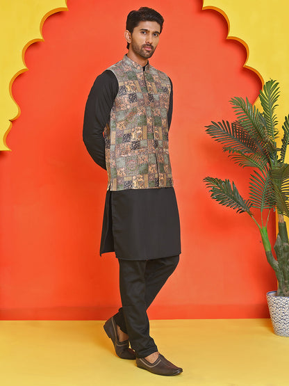 Sequins & Printed Nehru Jacket With Solid Kurta Pyjama Set